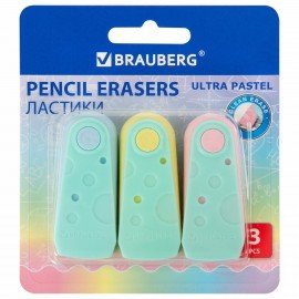 Ластики BRAUBERG "ULTRA PASTEL", НАБОР 3 ШТУКИ, 57х24х15 мм, ассорти пастель, бирюзовый пластиковый держатель, блистер, 272689