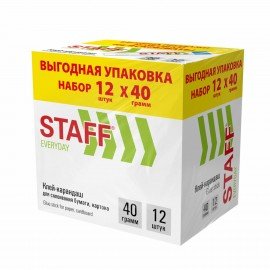 Клей-карандаш 40 г, ВЫГОДНАЯ УПАКОВКА, КОМПЛЕКТ 12 ШТУК, STAFF EVERYDAY, 273019