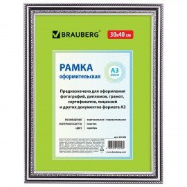 Рамка 30х40 см, пластик, багет 30 мм, BRAUBERG "HIT4", серебро, стекло, 391009