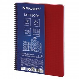 Тетрадь А5, 80 листов, BRAUBERG "Metropolis", спираль пластиковая, клетка, обложка пластик, КРАСНЫЙ, 403396