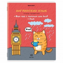 Тетрадь предметная "КОТ-ЭНТУЗИАСТ" 48 л., TWIN-лак, АНГЛИЙСКИЙ ЯЗЫК, клетка, подсказ, BRAUBERG, 404558