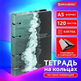 Тетрадь на кольцах А5 160х212мм, 120л, картон,матовая ламинация, клетка, BRAUBERG, Black&notes, 404725