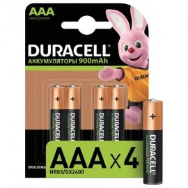 Батарейки аккумуляторные КОМПЛЕКТ 4 шт., DURACELL, AAA (HR03), Ni-Mh, 900 mAh, блистер, 81546826