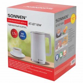 Чайник электрический с двойными стенками SONNEN KT-8718W, 1,7л, 2200Вт, белый, 454685