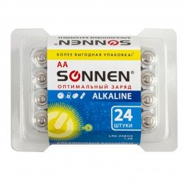 Батарейки КОМПЛЕКТ 24 шт., SONNEN Alkaline, АА(LR6, 15А), алкалиновые, пальчиковые, короб, 455095