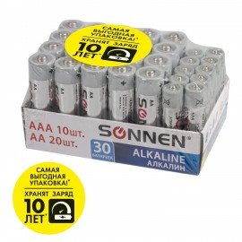 Батарейки КОМПЛЕКТ 30 (20+10) шт., SONNEN Alkaline, AA+ААА (LR6+LR03), в коробке, 455097