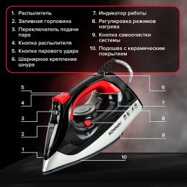 Утюг SONNEN SI-588, 2200 Вт, керамическое покрытие, паровой удар, черный/красный, 455279