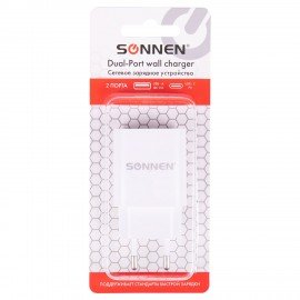 Зарядное устройство быстрое сетевое (220В) SONNEN, порты USB+Type-C, QC 3.0, 3 А, белое, 455505