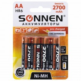 Батарейки аккумуляторные Ni-Mh пальчиковые КОМПЛЕКТ 4 шт., АА (HR6) 2700 mAh, SONNEN, 455607