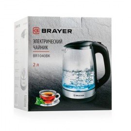 Чайник BRAYER BR1040BK, 2 л, 2200 Вт, закрытый нагревательный элемент, стекло, черный