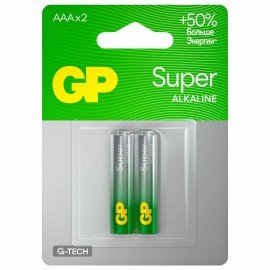 Батарейки КОМПЛЕКТ 2 шт., GP Super, AAA (LR03, 24 А), алкалиновые, мизинчиковые, блистер, 24A-2CR2