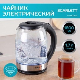 Чайник SCARLETT SC-EK27G10, 1,7л, 1800Вт, закрытый нагревательный элемент, стекло, черный