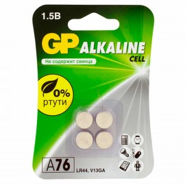 Батарейки КОМПЛЕКТ 4 шт, GP Alkaline, A76 (G13, LR44), алкалиновая, блистер, A76-С10, A76F-2CRU4