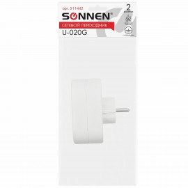 Сетевой разветвитель SONNEN U-020G, 2 розетки, с заземлением, 16 А, белый, 511442