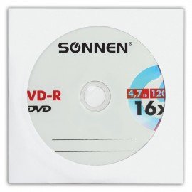 Диск DVD-R SONNEN, 4,7 Gb, 16x, бумажный конверт (1 штука), 512576