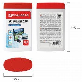 Салфетки для электронных устройств универсальные BRAUBERG, компактная туба 100 шт., влажные, 512810