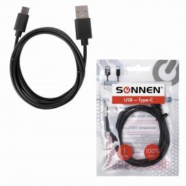 Кабель USB 2.0-Type-C, 1 м, SONNEN, медь, для передачи данных и зарядки, черный, 513117