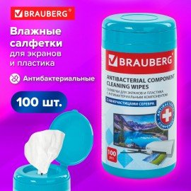 Салфетки АНТИБАКТЕРИАЛЬНЫЕ ДЛЯ МОНИТОРОВ И ПЛАСТИКА, ПЛОТНЫЕ, BRAUBERG, 100 шт., 513476