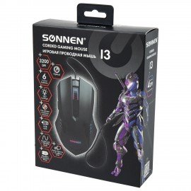 Мышь проводная SONNEN I3, пластик, 6 кнопок, 800-3200 dpi, LED-подсветка, черная, 513523