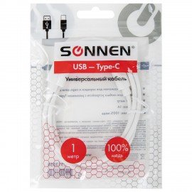 Кабель белый USB 2.0-Type-C, 1 м, SONNEN, медь, для передачи данных и зарядки, 513558