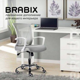 Кресло BRABIX "Wings MG-306", пластик белый, хром, сетка, серое, 532012