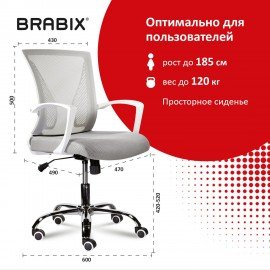 Кресло BRABIX "Wings MG-306", пластик белый, хром, сетка, серое, 532012