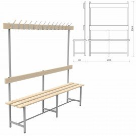 Скамья с вешалкой, спинкой "СВТ 6", 1765х2000х395 мм, 14 крючков, каркас металлический серый, сиденье дерево