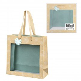 Пакет подарочный (1шт) новогодний, 20х8х20см, "Snowflakes", прозрачное окно, крафт, ЗОЛОТАЯ СКАЗКА, 592444
