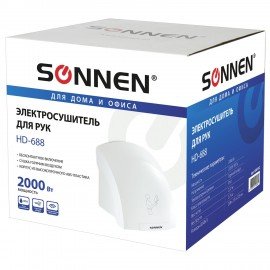 Сушилка для рук SONNEN HD-688, 2000 Вт, пластиковый корпус, белая, 604192