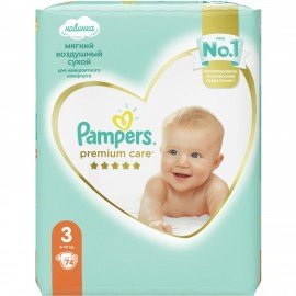 Подгузники КОМПЛЕКТ 74 шт. PAMPERS (Памперс) "Premium Care", размер 3 (6-10 кг), 8001090604644