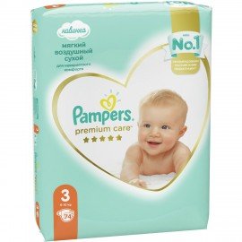 Подгузники КОМПЛЕКТ 74 шт. PAMPERS (Памперс) "Premium Care", размер 3 (6-10 кг), 8001090604644