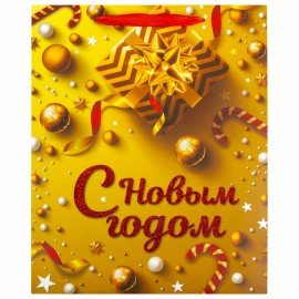 Пакет подарочный (1 штука) новогодний 26x13x32 см, ЗОЛОТАЯ СКАЗКА "New Year", глиттер, 608229