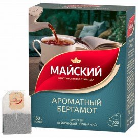 Чай МАЙСКИЙ "Ароматный бергамот" черный цейлонский байховый, 100 пакетиков по 1,5 г,, 102627