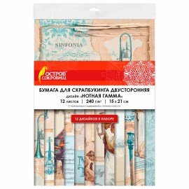 Бумага для скрапбукинга 15х21 см "Нотная Гамма", двусторонняя, 12 листов, 240 г/м2, ОСТРОВ СОКРОВИЩ, 665445