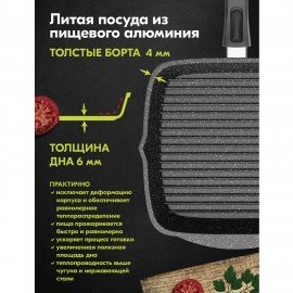 Сковорода ГРИЛЬ квадратная 26 см, съемная ручка, крышка, антипригар. покрытие, МЕЧТА Гранит, с066802