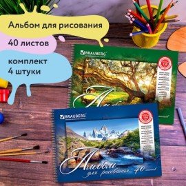 Альбомы для рисования ДЭК А4, 40 л., КОМПЛЕКТ 4 шт., гребень, обложка картон, BRAUBERG, 205х290 мм, "Природа" (2 вида), 880035