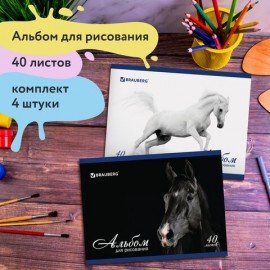 Альбомы для рисования ДЭК А4, 40 л., КОМПЛЕКТ 4 шт., скоба, обложка картон, BRAUBERG, 200х283 мм, "Кони" (2 вида), 880037