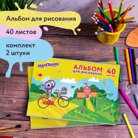 Альбомы для рисования ДЭК А4, 40 л., КОМПЛЕКТ 2 шт., скоба, обложка картон, ЮНЛАНДИЯ, 202х285 мм, "Юнландик и школа", 880045