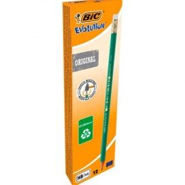 Карандаш чернографитный с ластиком BIC Evolution, HB, КОМПЛЕКТ 12 штук, 880479