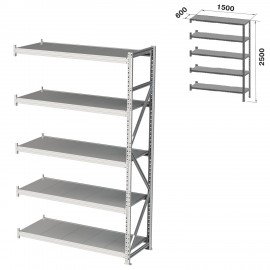 Стеллаж металлический (ПРИСТАВНАЯ СЕКЦИЯ) ПРАКТИК "MS Pro", 2500х1500х600 мм, 5 полок (КОМПЛЕКТ)