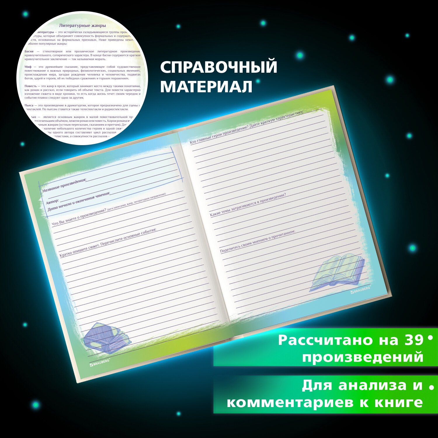 Дневник читательский А5, 40 л., твердый, матовая ламинация, цветной блок,  BRAUBERG, 